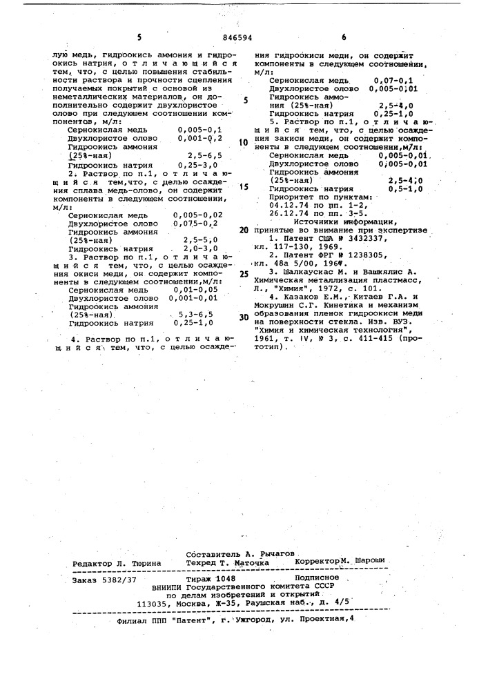 Водный раствор для химического осажде-ния неорганических покрытий ha основемеди (патент 846594)