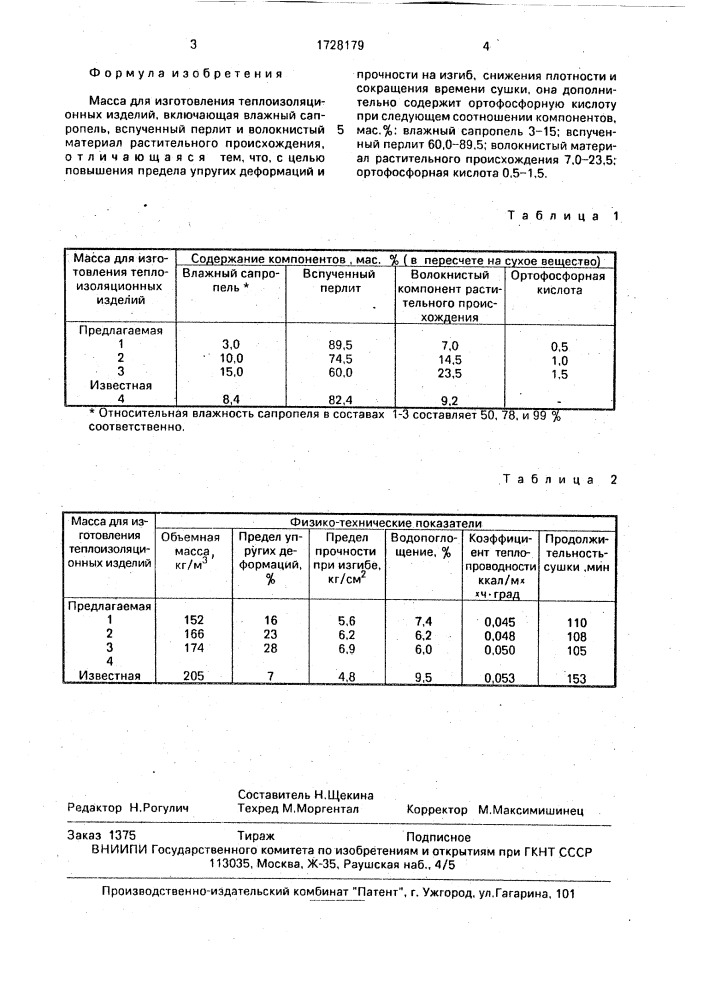 Масса для изготовления теплоизоляционных изделий (патент 1728179)