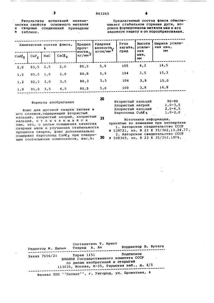 Флюс дуговой сварки титана и его сплавов (патент 863265)
