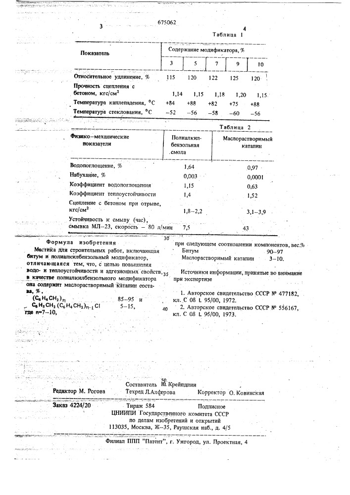 Мастика для строительных работ (патент 675062)