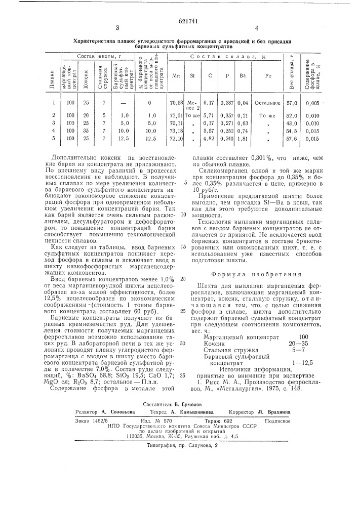 Шихта для выплавки марганцевых ферросплавов (патент 621741)