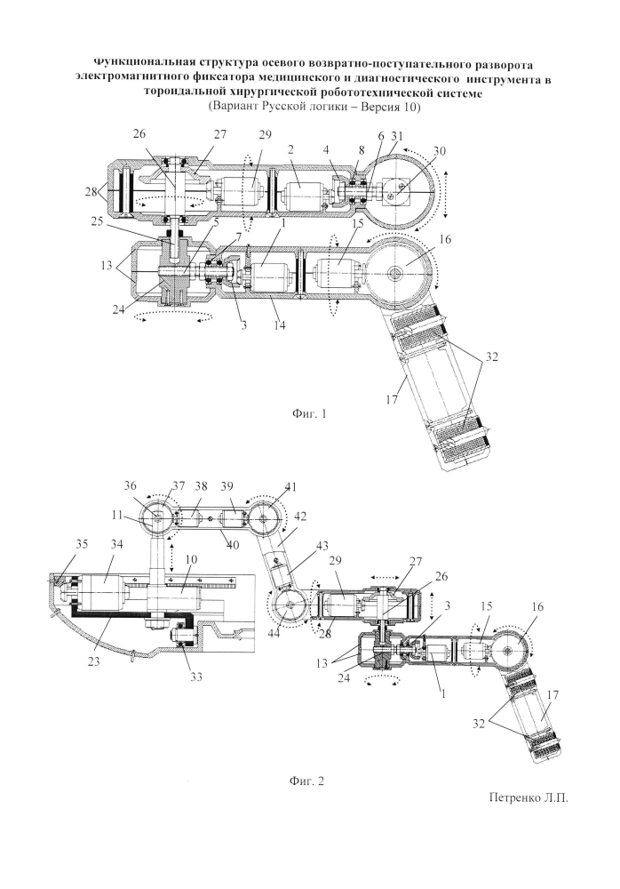Функциональная структура осевого возвратно-поступательного разворота электромагнитного фиксатора медицинского и диагностического инструмента в тороидальной хирургической робототехнической системе (вариант русской логики - версия 10) (патент 2594471)