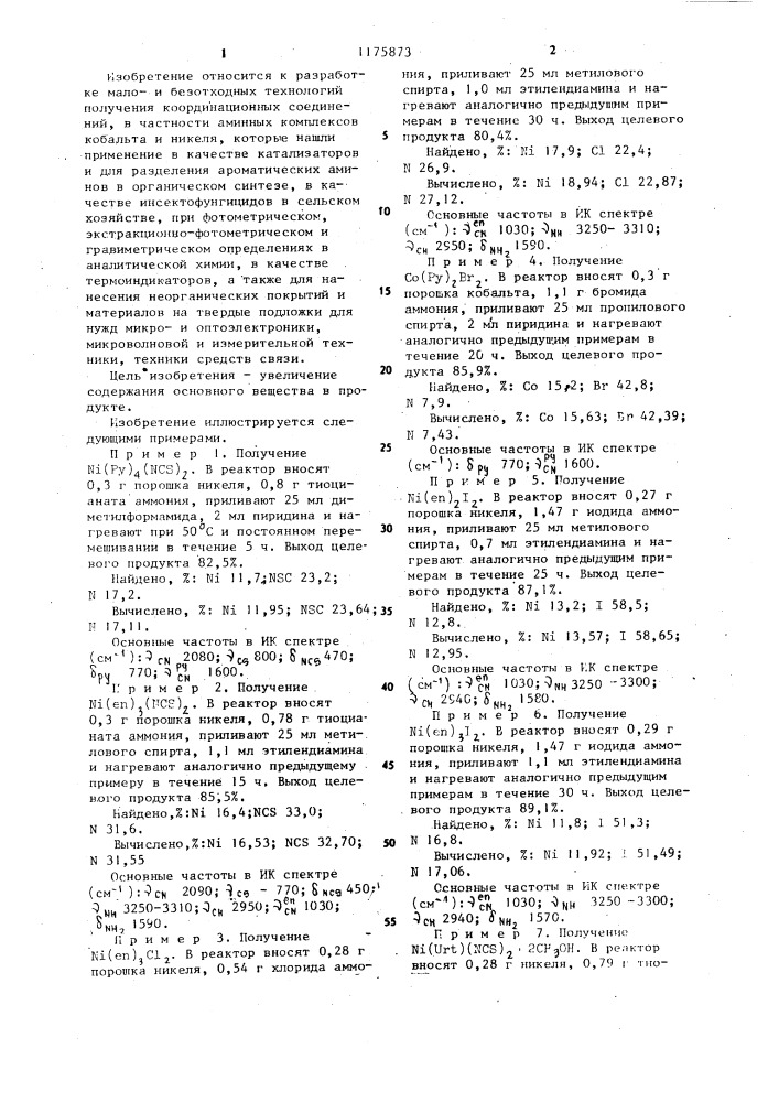 Способ получения аминотиоцианата или аминогалогенида кобальта или никеля (патент 1175873)