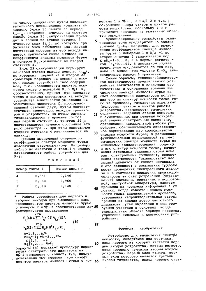 Устройство для вычисления спектрамощности (патент 805191)