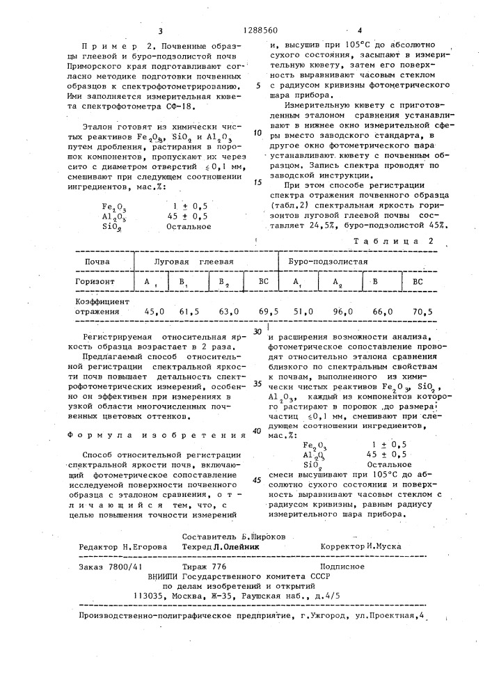 Способ относительной регистрации спектральной яркости почв (патент 1288560)