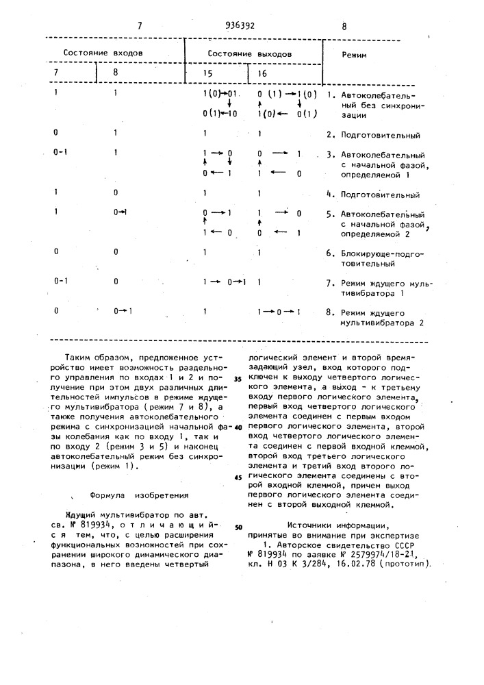 Ждущий мультивибратор (патент 936392)