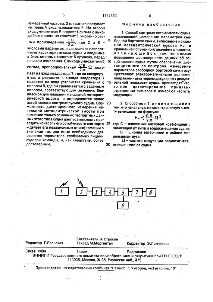 Способ контроля остойчивости судна (патент 1782863)