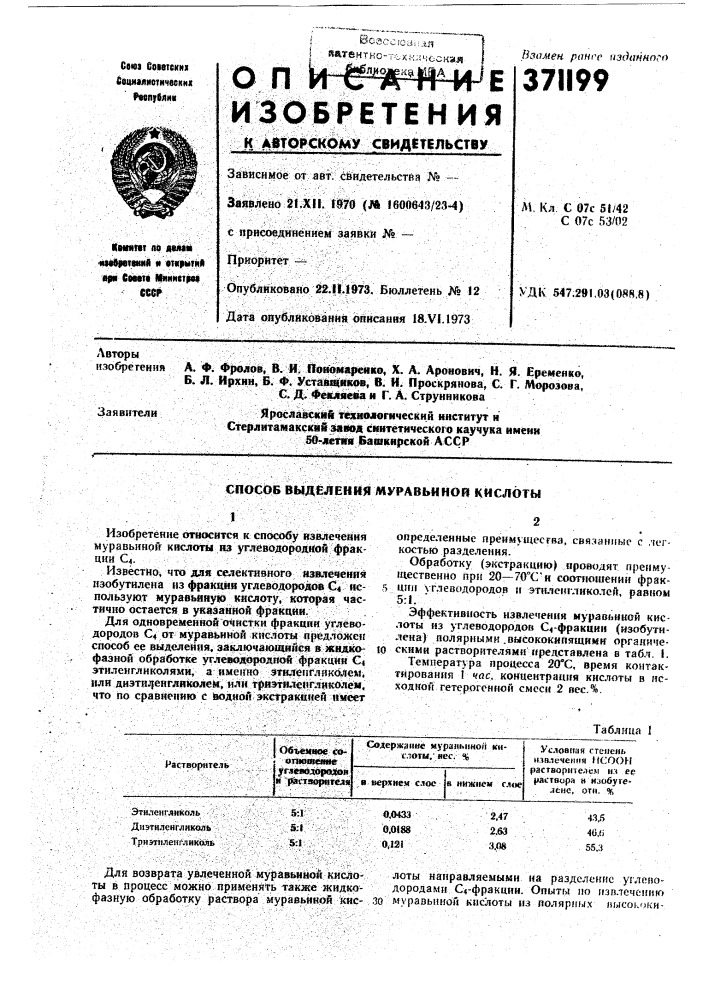 Способ выделения муравьиной кислоты (патент 371199)