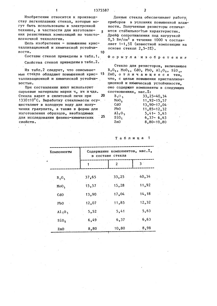 Стекло для резисторов (патент 1375587)
