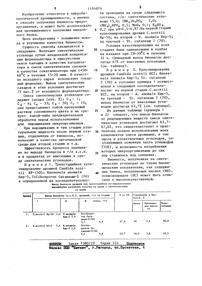 Способ получения биомассы дрожжей (патент 1194874)