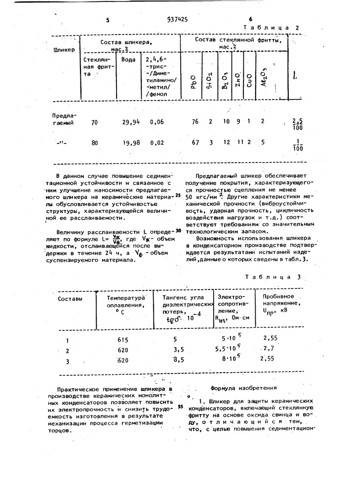 Шликер для защиты керамических конденсаторов и стеклянная фритта (патент 937425)