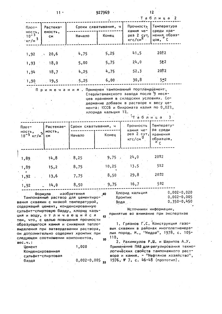 Тампонажный раствор для цементирования скважин с низкой температурой (патент 927969)