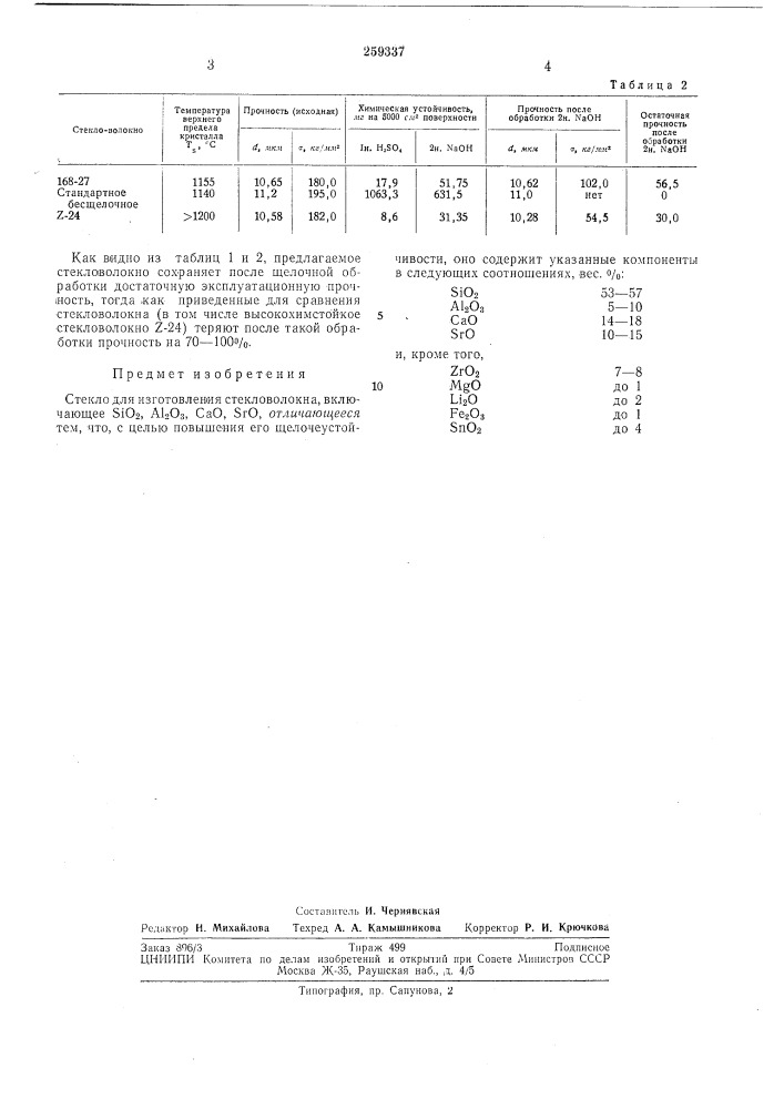 Стекло для изготовления стекловолокна (патент 259337)