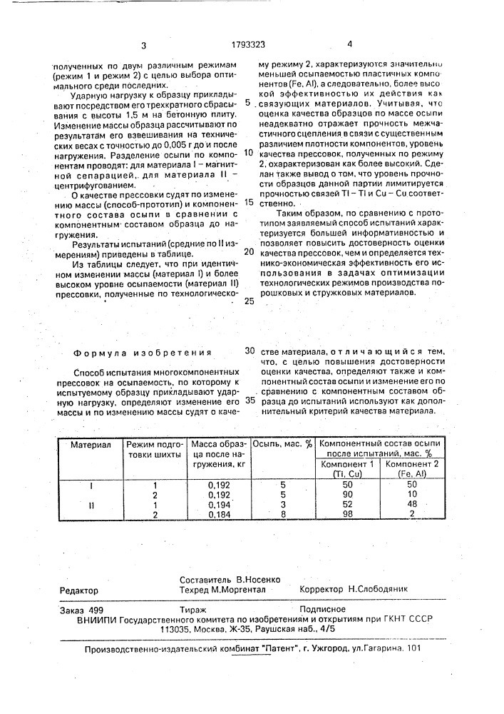 Способ испытания многокомпонентных прессовок на осыпаемость (патент 1793323)