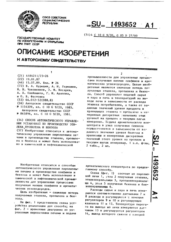 Способ автоматического управления установкой по производству этилена, пропилена и бензола (патент 1493652)