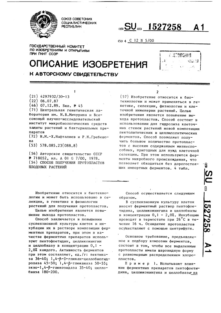 Способ получения протопластов плодовых растений (патент 1527258)