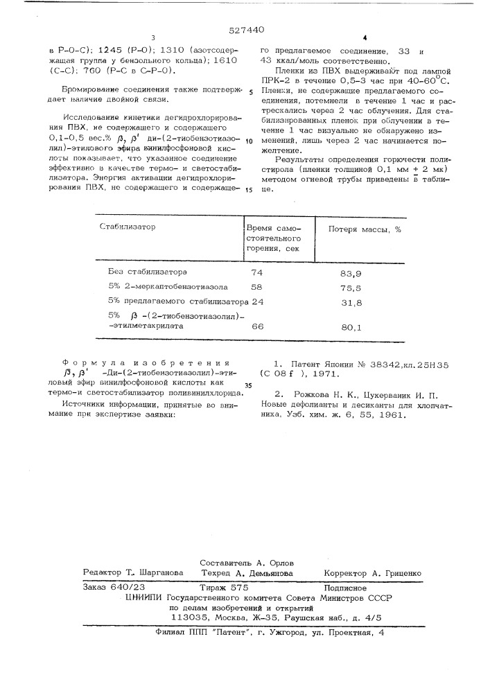 -ди(2-тиобензотиазолил)этиловый эфир винилфосфоновой кислоты как термои светостабилизатор поливинилхлорида (патент 527440)