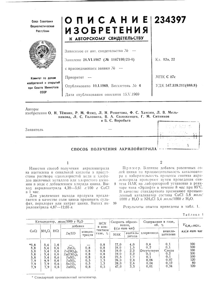 Способ получения акрилойитрила (патент 234397)