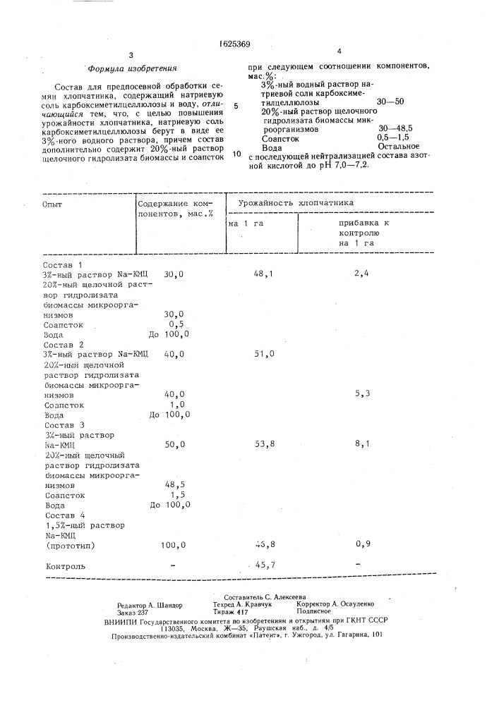 Состав для предпосевной обработки семян хлопчатника (патент 1625369)