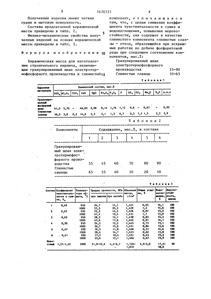 Керамическая масса для изготовления строительного кирпича (патент 1470721)