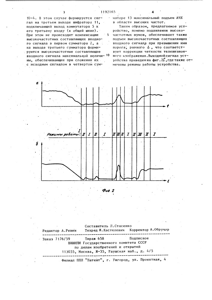 Устройство фильтрации телевизионного сигнала (патент 1192165)