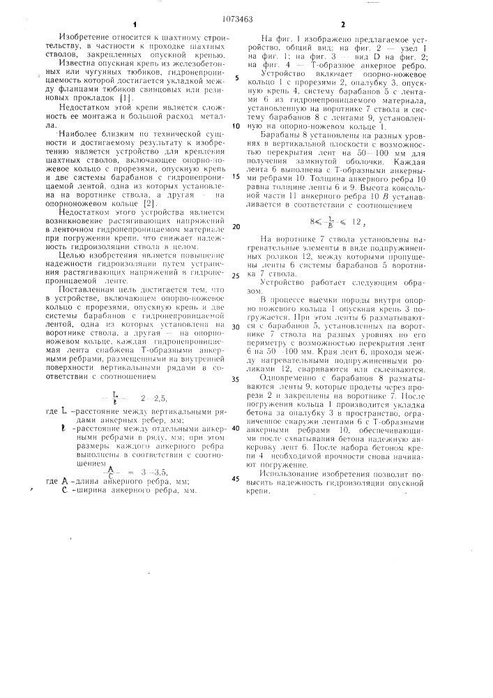 Устройство для крепления шахтных стволов (патент 1073463)