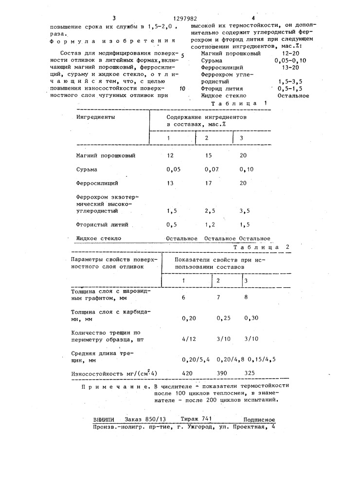 Состав для модифицирования поверхности отливок в литейных формах (патент 1297982)