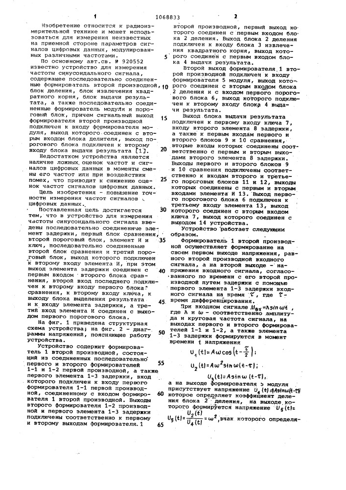 Устройство для измерения частоты синусоидального сигнала (патент 1068833)