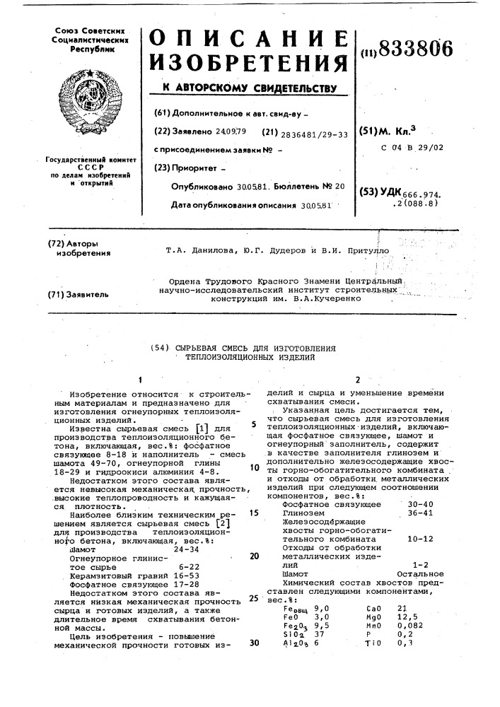 Сырьевая смесь для изготовлениятеплоизоляционных изделий (патент 833806)