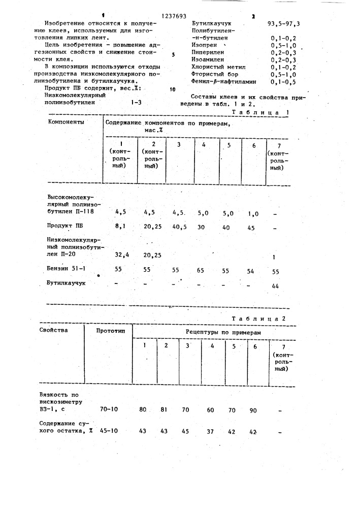 Клей для липких лент (патент 1237693)