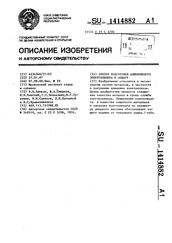 Способ подготовки алюминиевого электролизера к обжигу (патент 1414882)