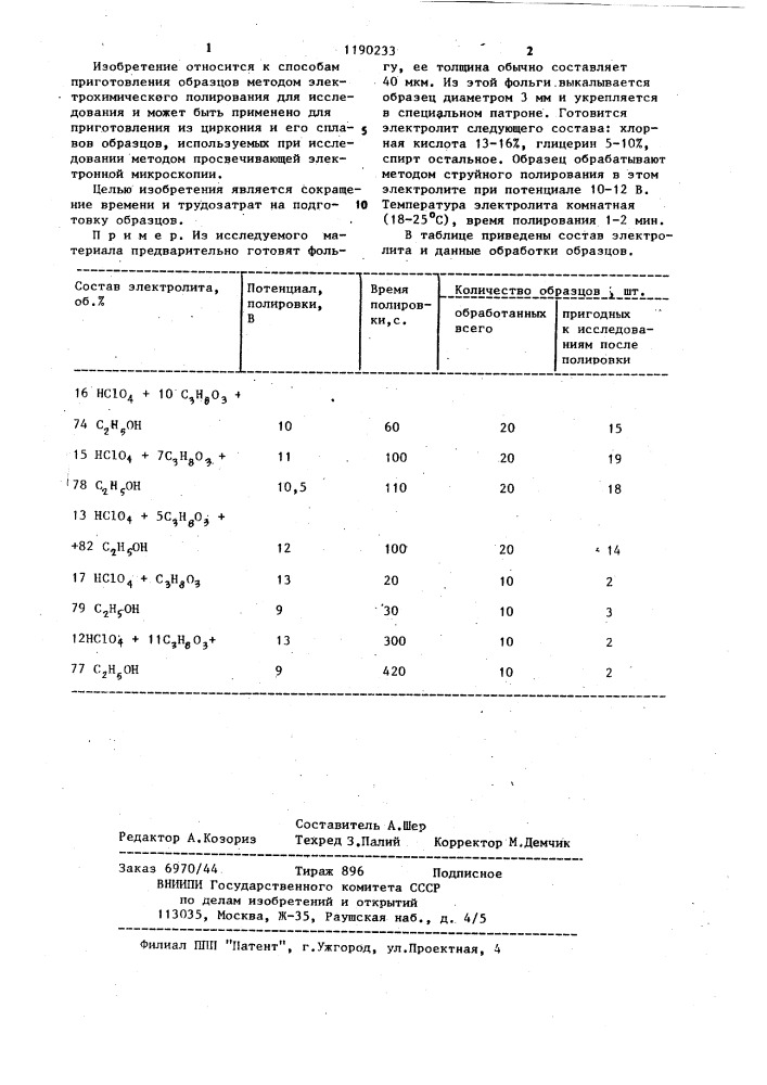 Способ подготовки образцов из циркония и его сплавов к электронно-микроскопическим исследованиям (патент 1190233)