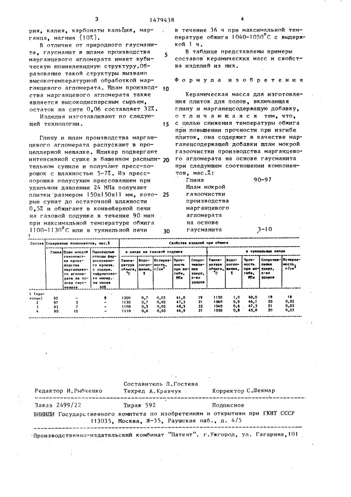 Керамическая масса для изготовления плиток для полов (патент 1479438)