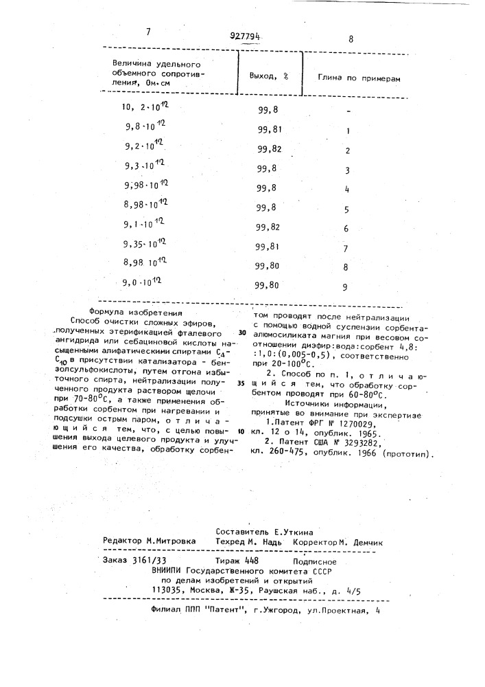 Способ очистки сложных эфиров (патент 927794)