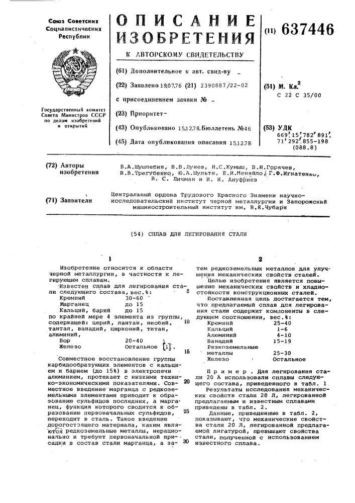 Сплав для легирования стали (патент 637446)