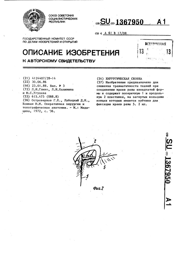 Хирургическая скобка (патент 1367950)