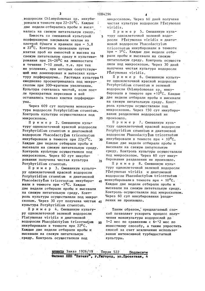 Способ получения монокультуры водорослей (его варианты) (патент 1084296)