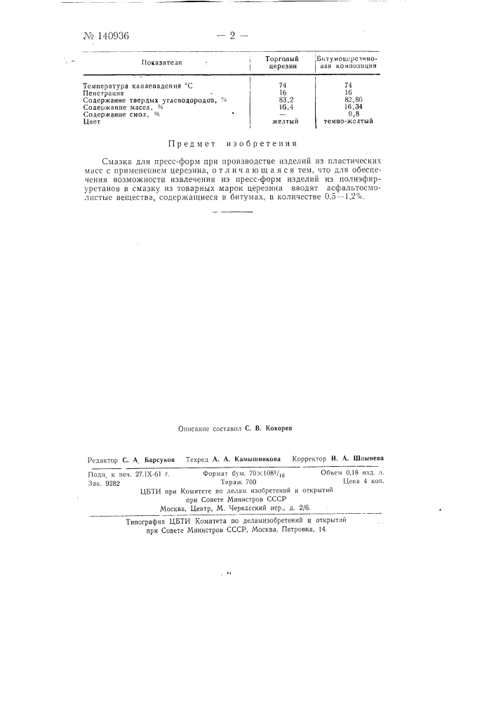 Смазка для пресс-форм (патент 140936)