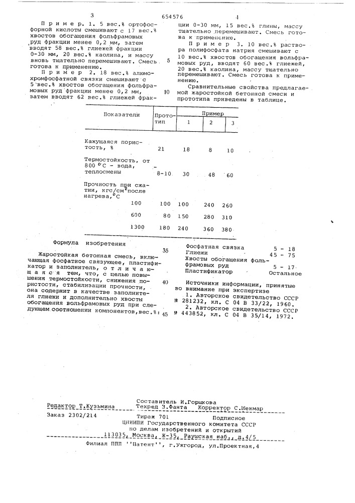 Жаростойкая бетонная смесь (патент 654576)