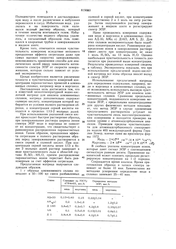 Низкотемпературная воднокислотнаяматрица для анализа алюминиевыхсплавов методом эпр (патент 819660)
