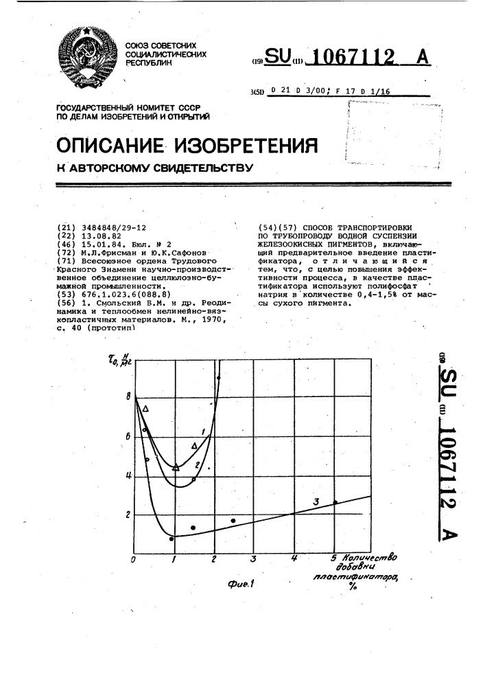 Способ транспортировки по трубопроводу водной суспензии железоокисных пигментов (патент 1067112)