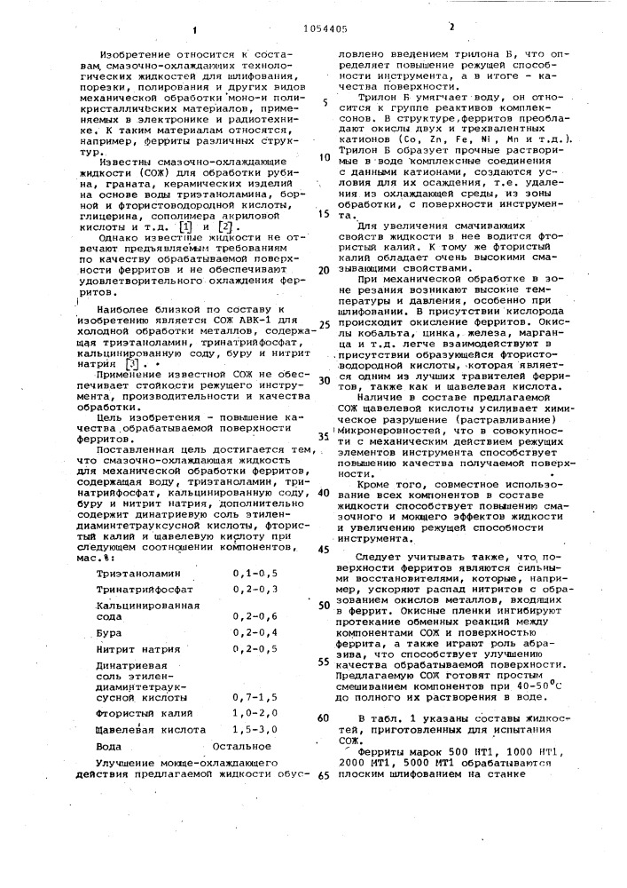 Смазочно-охлаждающая жидкость для механической обработки ферритов (патент 1054405)