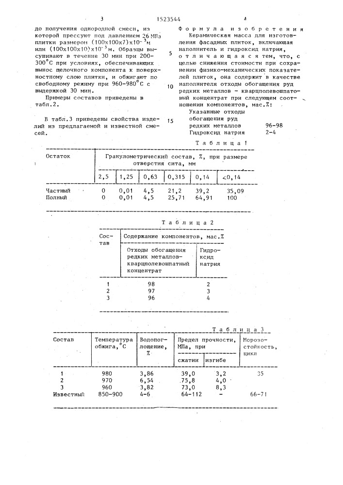 Керамическая масса для изготовления фасадных плиток (патент 1523544)