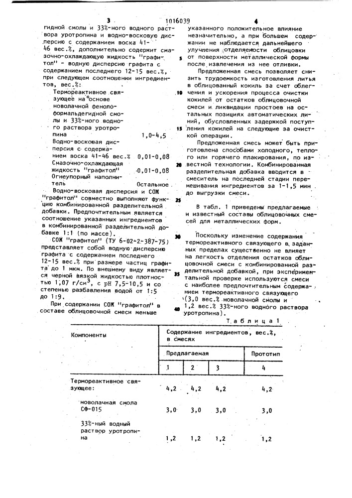 Смесь для облицовки металлических литейных форм (патент 1016039)