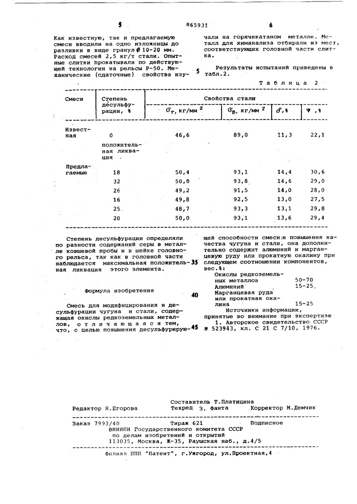 Смесь для модифицирования и десульфурации чугуна и стали (патент 865931)