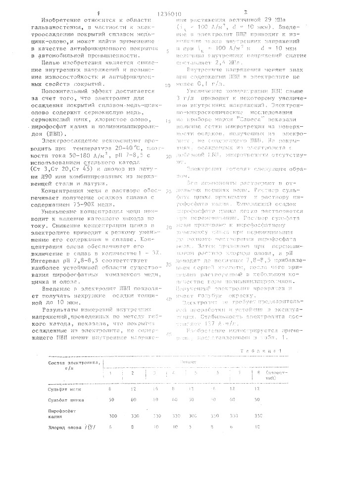 Электролит для осаждения покрытий сплавом медь-цинк-олово (патент 1236010)
