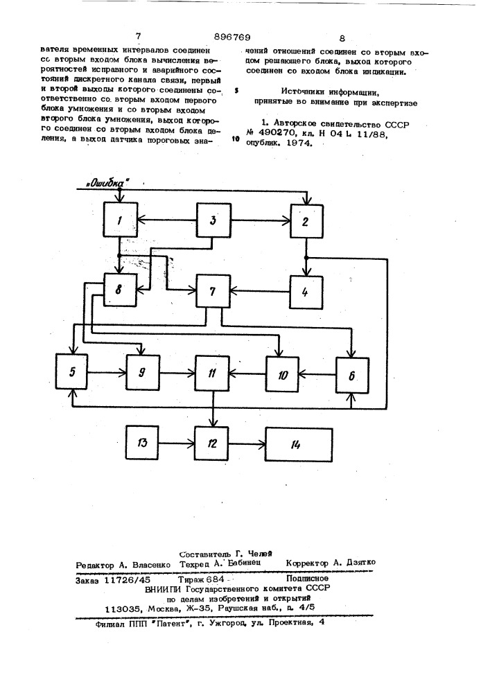 Устройство для прогнозирования состояния дискретного канала связи (патент 896769)
