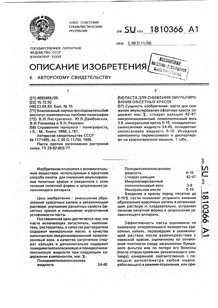 Паста для снижения эмульгирования офсетных красок (патент 1810366)