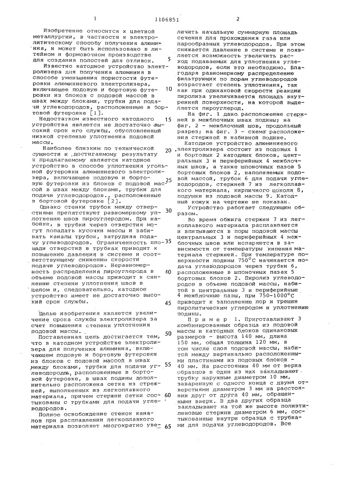 Катодное устройство электролизера для получения алюминия (патент 1106851)