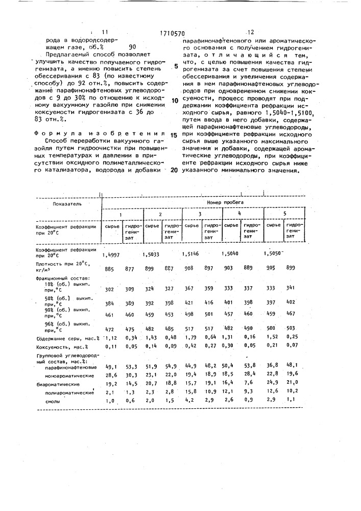 Способ переработки вакуумного газойля (патент 1710570)